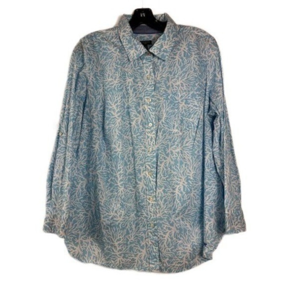 Talbots Women's Size 1X Blue White‎ Coral Reef Blue Cotton Blouse Top Shirt